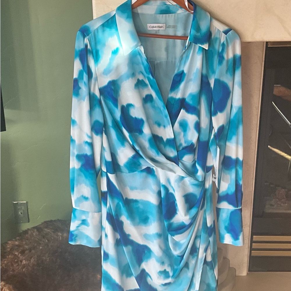 Calvin Klein XL Collared Abstract Print Long Sleeve Pull Over Dress Faux Wrap